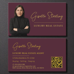 Real Estate Burgundy Gold QR Code Script Luxury  Business Card