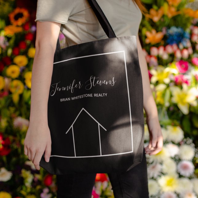 Real Estate Company Custom Modern Realtor Black Tote Bag (Creator Uploaded)