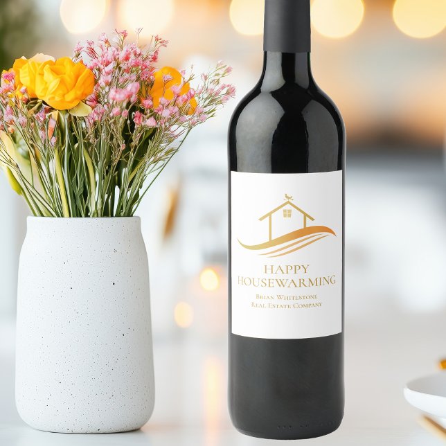 Real Estate Company Gold Happy Housewarming Wine Label (Creator Uploaded)