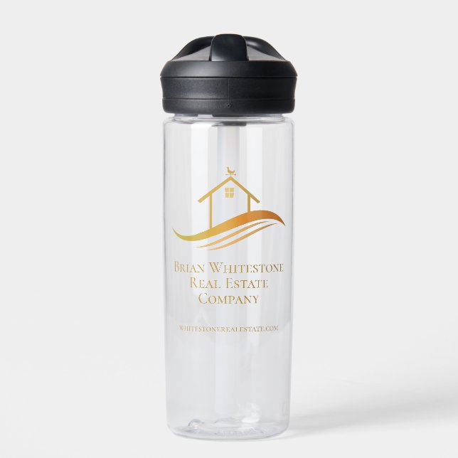 Real Estate Company Gold House Logo Custom Realtor Water Bottle (Front)