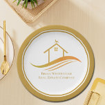 Real Estate Company Gold Open House Customisable Paper Plate<br><div class="desc">This chic real estate company paper plate for an open house is custom made with your realty company and agent name. These elegant gold marketing items feature a pretty house with a weathervane on top and sleek curves underneath. Personalise this modern business decor with your own information.</div>