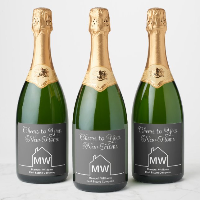 Real Estate Company Housewarming Cheers Chic Grey Sparkling Wine Label (Bottles)