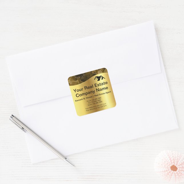 Real estate. Construction. Black Gold Square Sticker (Envelope)