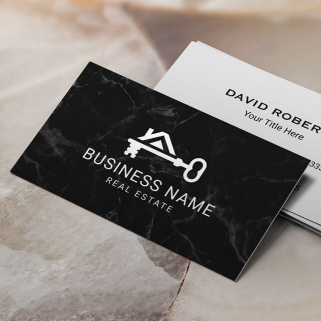 Real Estate Custom House & Key Logo Marble Realtor Business Card (Creator Uploaded)