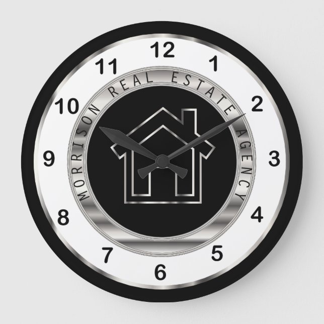 Real Estate Design in Silver, White and Black Large Clock (Front)