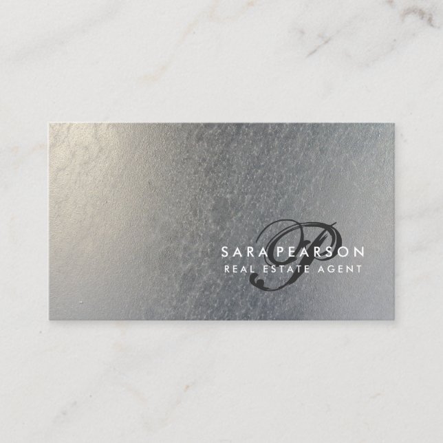 Real Estate Elegant Script Monogram SilverTexture Business Card (Front)