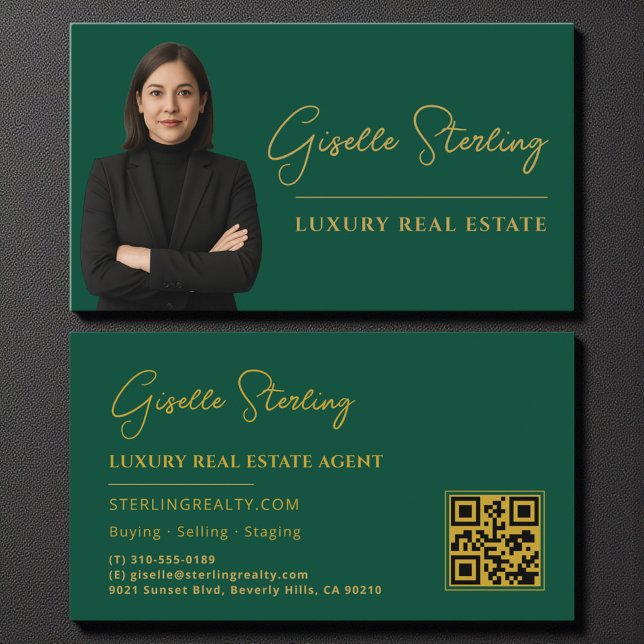 Real Estate Emerald Green Gold QR Code Script Business Card (Creator Uploaded)