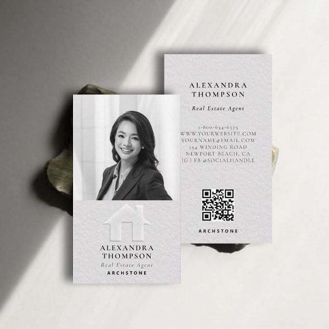 Real Estate Faux Embossed Black White Classy Photo Business Card (real estate professional business card photo qr code black white modern elegant faux embossed)