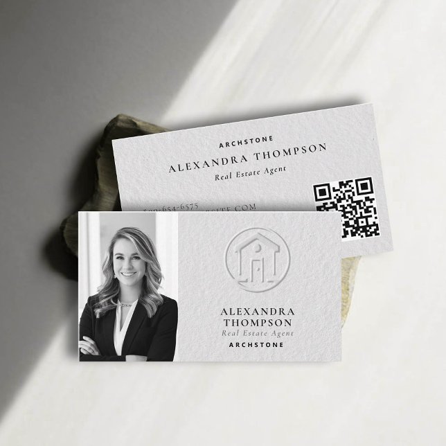 Real Estate Faux Embossed Black White Modern Photo Business Card (real estate professional business card photo qr code black white modern elegant faux embossed luxury)