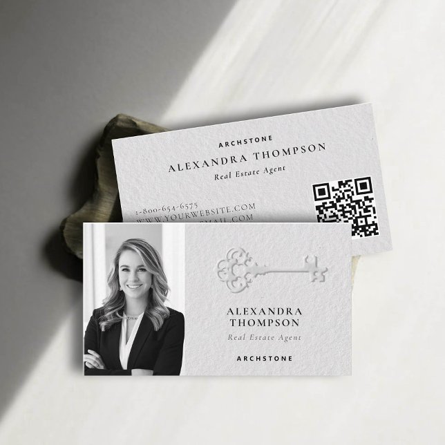 Real Estate Faux Embossed Key Black White Photo Business Card (real estate professional business card photo qr code black white chic elegant faux embossed luxury)