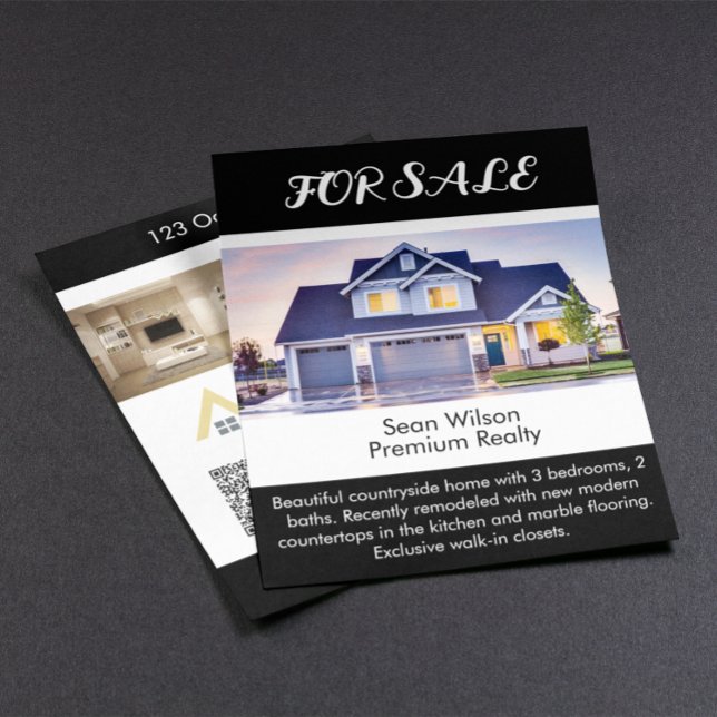 Real Estate For Sale Listing Modern Photo Black Flyer (real estate listing for sale qr code flyer)