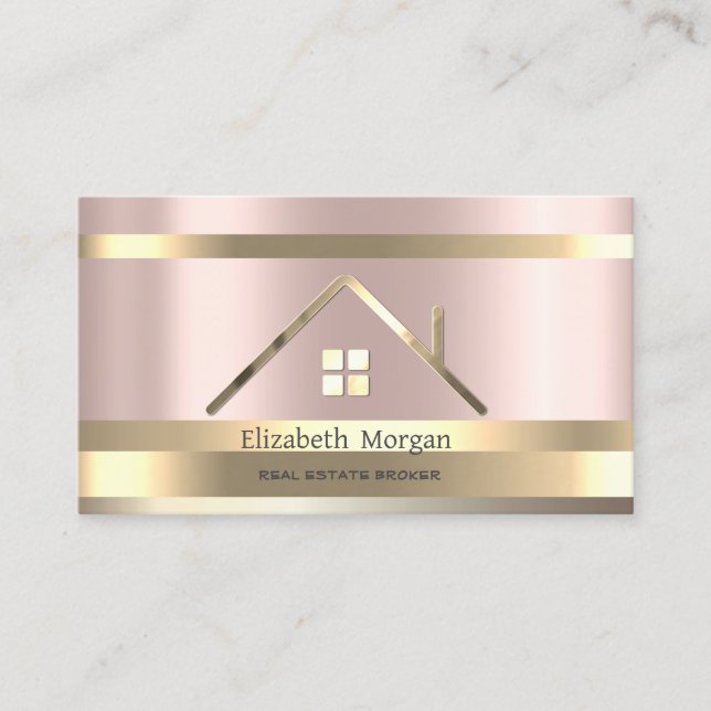  Real Estate  Gold Striped House Roof Rose Gold Business Card (Front)