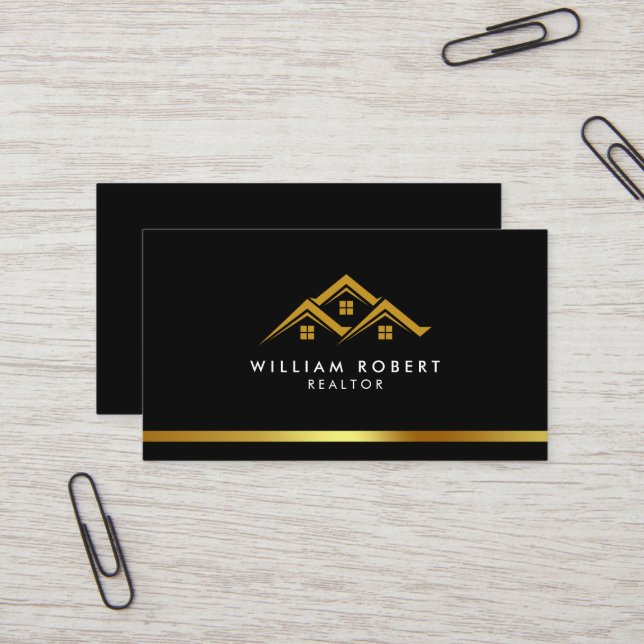 Real Estate Golden House Logo Modern Realtor Business Card (Front/Back In Situ)