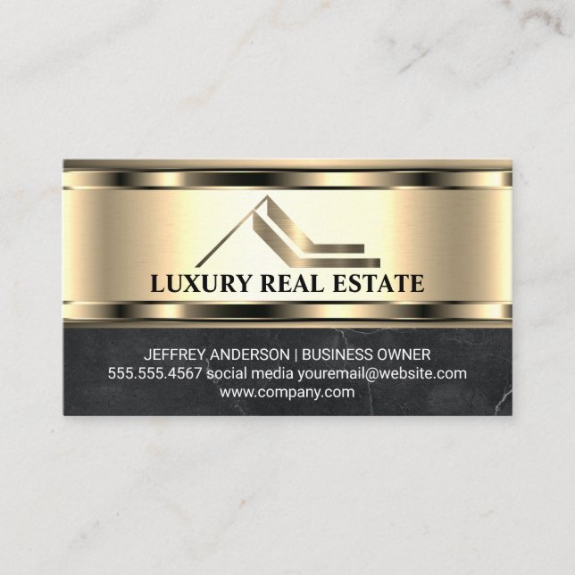 Real Estate Golden Logo | Metallic Gold Marble  Business Card (Front)
