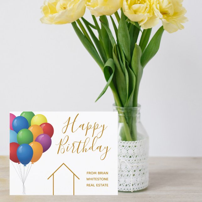 Real Estate Happy Birthday Balloons Elegant Gold Card (Creator Uploaded)