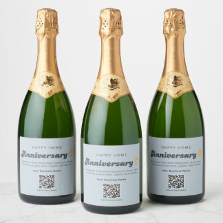 Real Estate Home Anniversary QR Code Retro Blue  Sparkling Wine Label