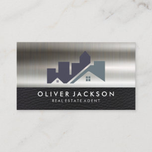 Real Estate Home Icon   Leather Metallic Business Card