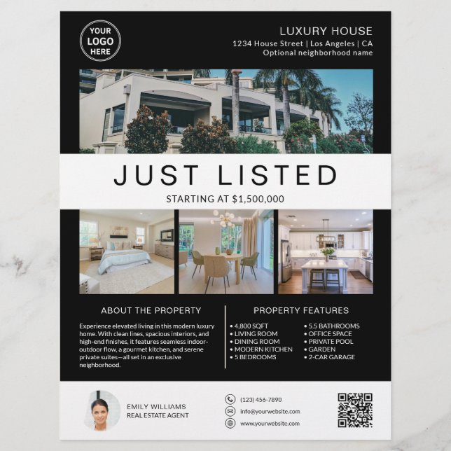 Real Estate House for Sale Logo Photo QR Black Flyer (Front)