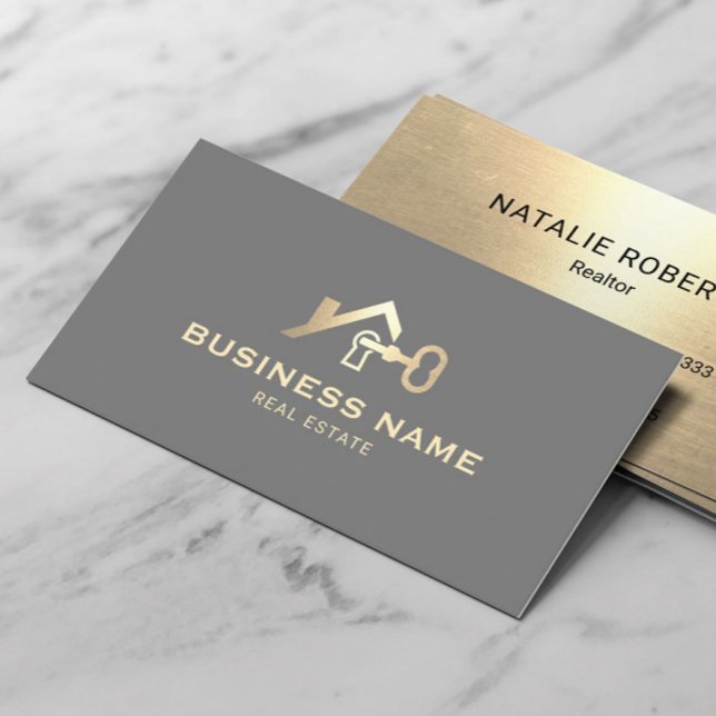 Real Estate House & Key Logo Elegant Gold Realtor Business Card (Creator Uploaded)