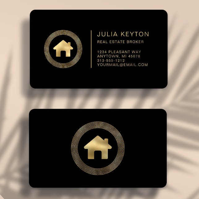 Real Estate House Logo Black Gold Rounded Business Card (Creator Uploaded)