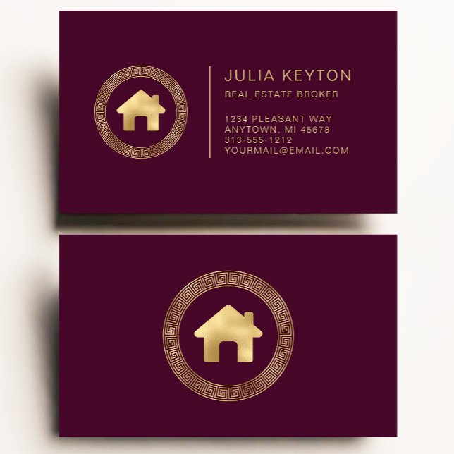 Real Estate House Logo Greek Key Burgundy Gold Business Card (Creator Uploaded)