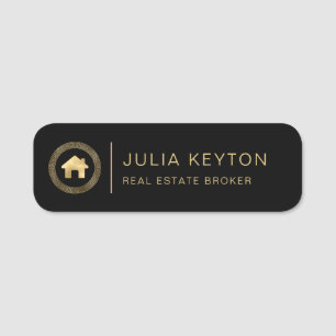 Real Estate House Logo Greek Key Frame Black Gold Name Tag