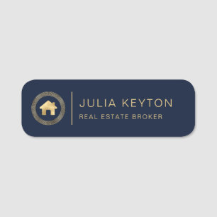 Real Estate House Logo Greek Key Frame Blue Gold Name Tag