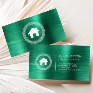 Real Estate House Logo Greek Key Frame Green Business Card