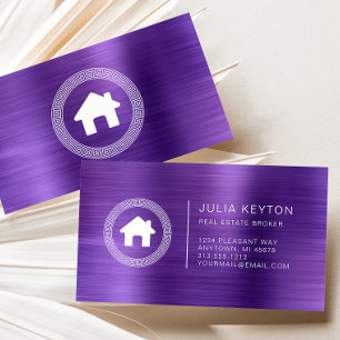 Real Estate House Logo Greek Key Frame Purple Business Card