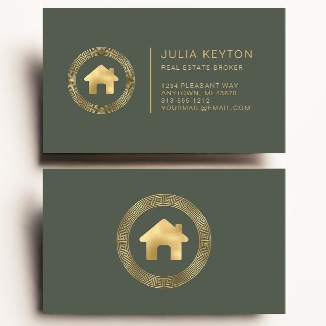 Real Estate House Logo Greek Key Sage Green Gold Business Card (Creator Uploaded)