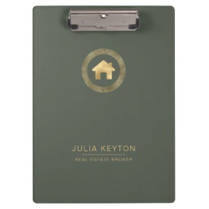 Real Estate House Logo Greek Key Sage Green Gold  Clipboard