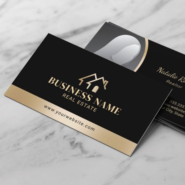Real Estate House Logo Modern Black & Gold Realtor Business Card (Creator Uploaded)