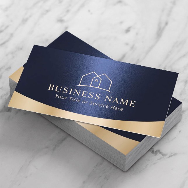 Real Estate House Logo Modern Navy Blue & Gold Business Card (Creator Uploaded)