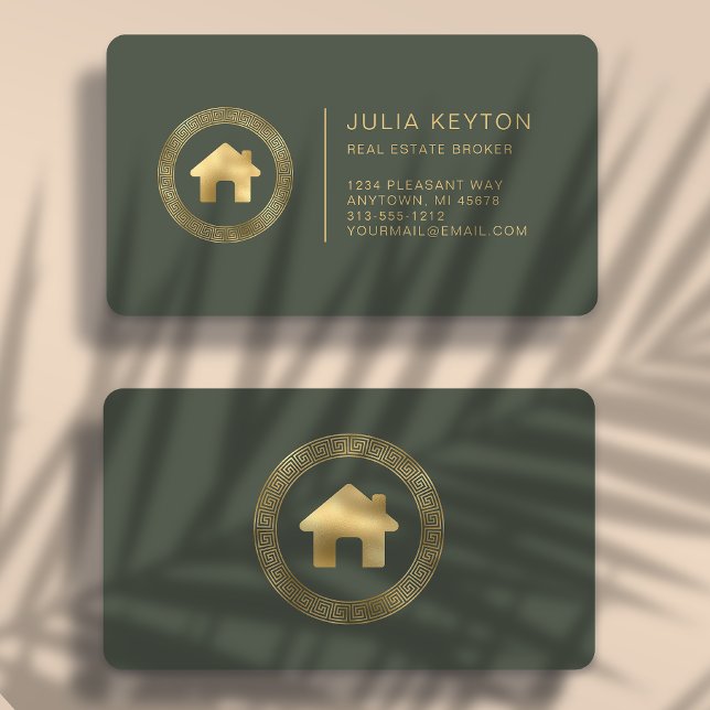 Real Estate House Logo Sage Green Gold Rounded Business Card (Creator Uploaded)