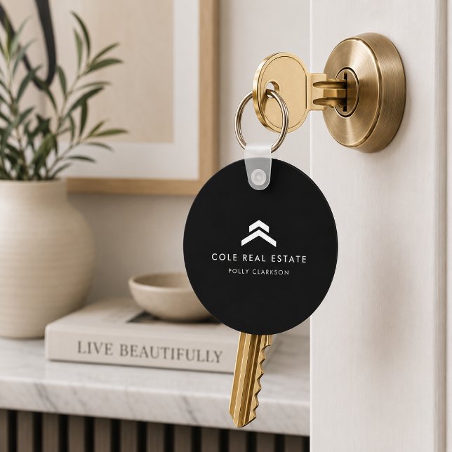 Real Estate Keychain | Realtor Closing Key Tag (Black real estate logo keychain for polished closing gifts and property handovers.)