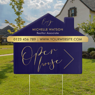 Real Estate Logo Open House For Sale Navy & Gold Garden Sign