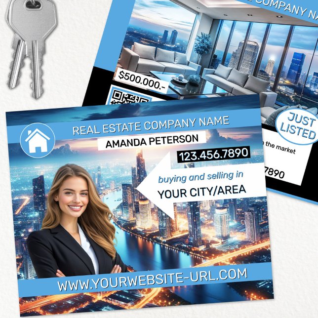 Real Estate Marketing Professional  Flyer (Real estate marketing flyer showing your photo on an aerial or neighborhood picture + QR code + logo)