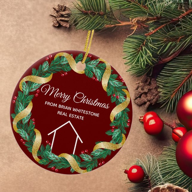 Real Estate Merry Christmas Personalised Red Ceramic Ornament (Creator Uploaded)