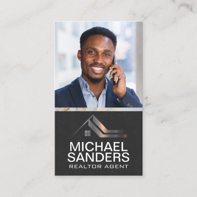 Real Estate Metal Logo | Business Man on Phone Card (Front)