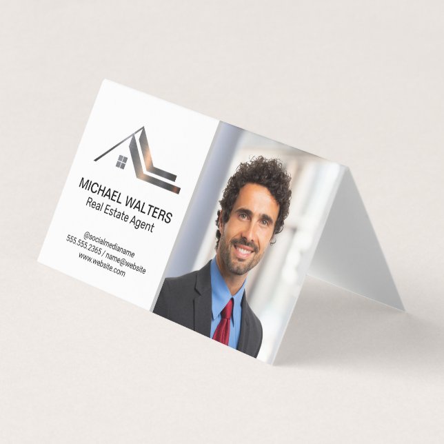 Real Estate Metallic Logo | Business Man Business Card (Front)