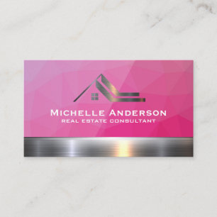Real Estate Metallic Logo Magenta Geometric Business Card