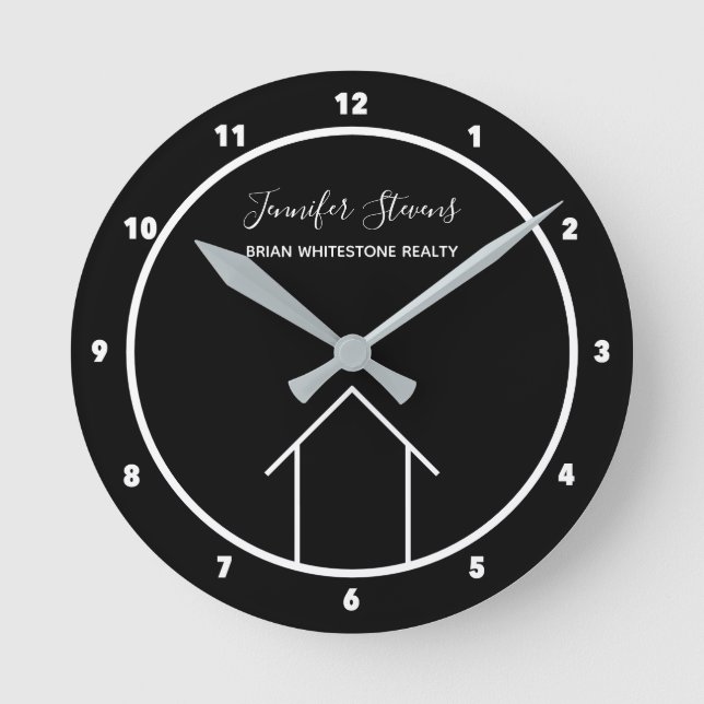 Real Estate Modern Black White Custom Realtor Round Clock (Front)