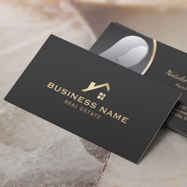 Real Estate Modern Gold House Logo Realtor Photo Business Card (Creator Uploaded)
