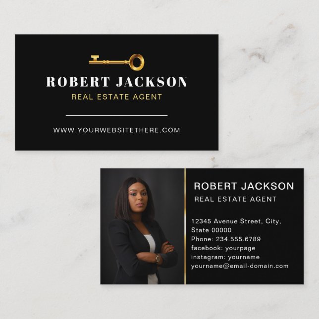 Real Estate Modern Golden Key Realtor  Business Card (Front/Back)