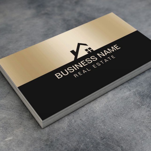 Real Estate Modern House Logo Black & Gold Business Card (Creator Uploaded)
