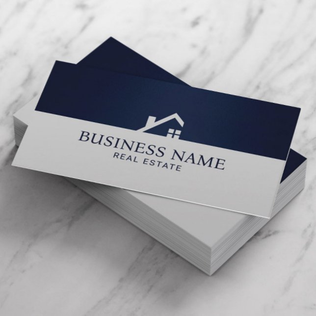 Real Estate Modern House Logo Navy & Silver Business Card (Creator Uploaded)