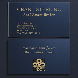 Real Estate Navy Blue Gold Metallic QR Code Business Card