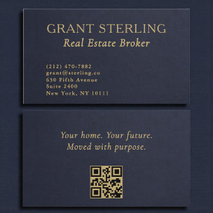 Real Estate Navy Blue Gold Slate Stone QR Code Business Card