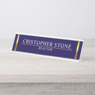 Real Estate Navy Blue House Logo Modern Realtor Desk Name Plate