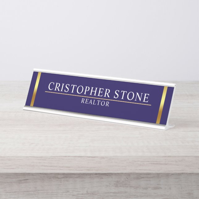 Real Estate Navy Blue House Logo Modern Realtor Desk Name Plate (Front)
